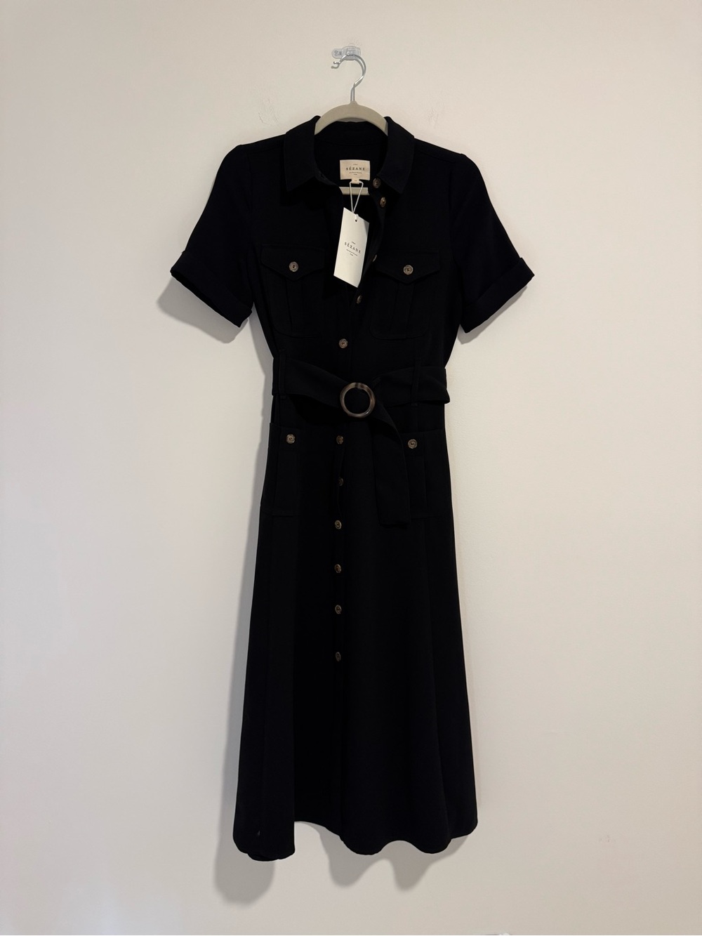 Sezane Black Button-Front Midi Dress with Belt - Picture 2 of 8